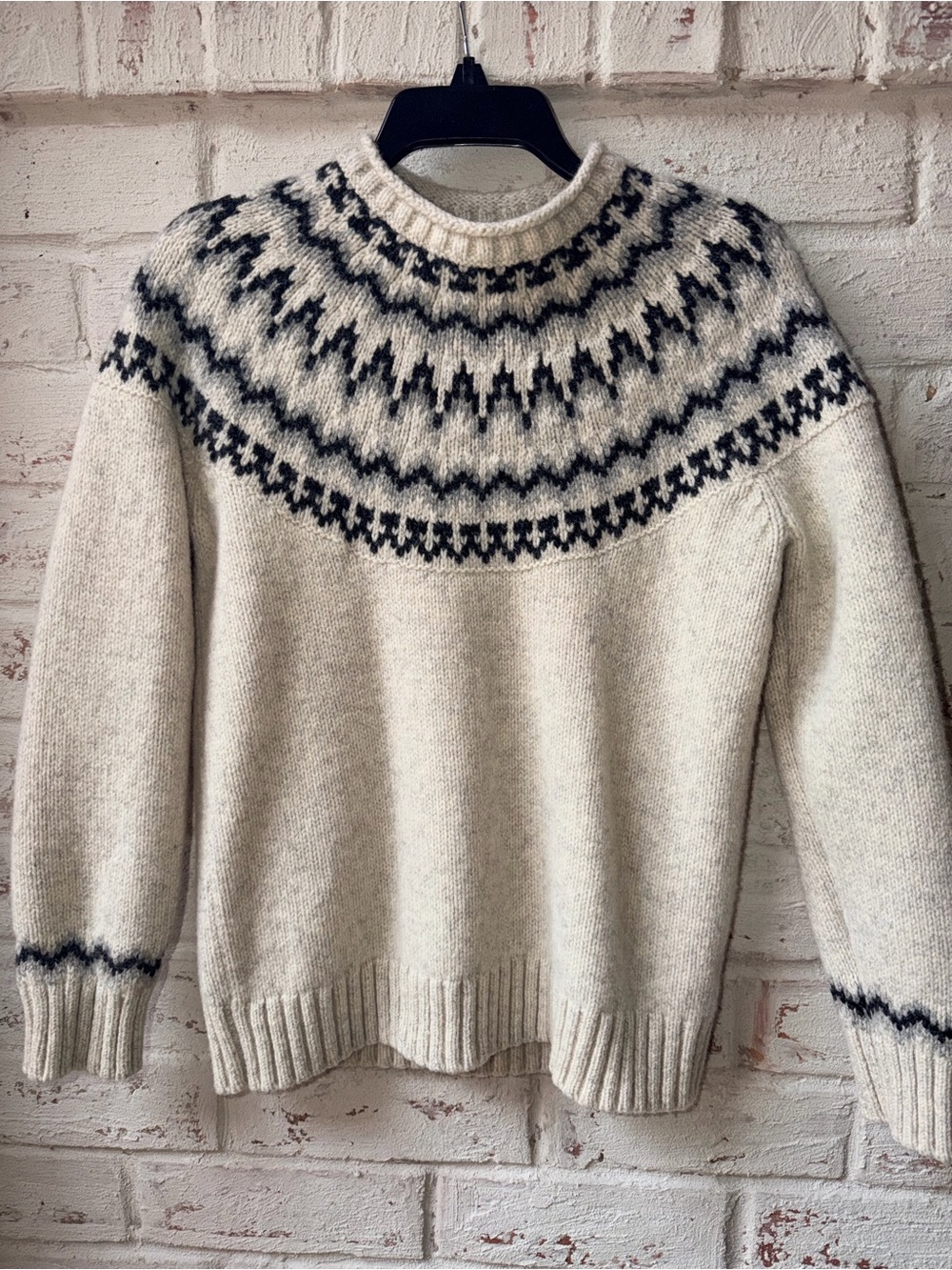 L.L.Bean Fair Isle Sweater-M 100% Lambswool Nordic Icelandic Ivory/Black/Gray